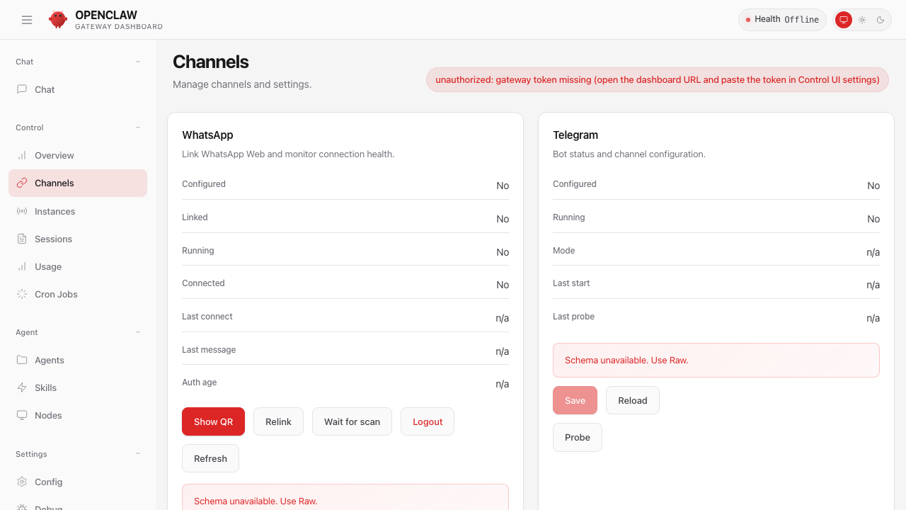 OpenClawダッシュボード — Channels画面